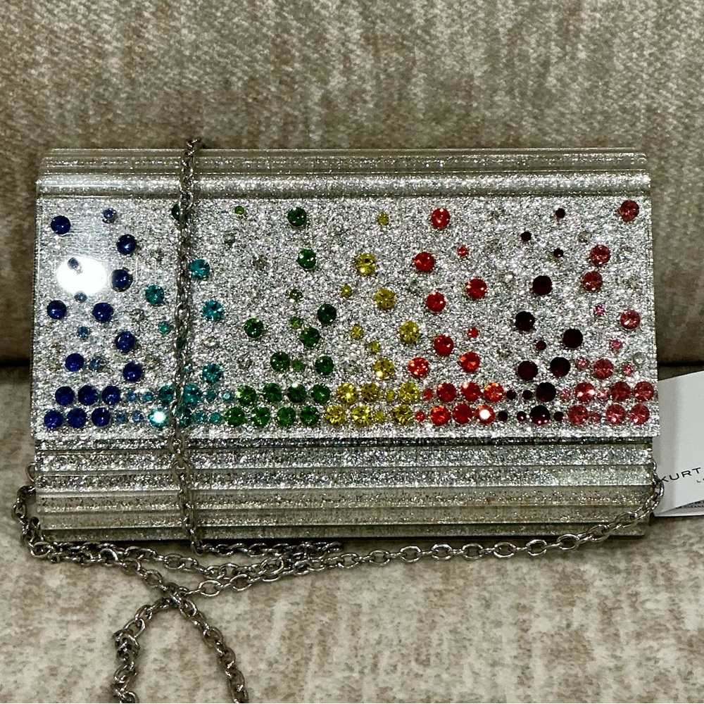 ✨💎NWT💎✨ KURT GEIGER LONDON PARTY SILVER CROSSBODY W/RAINBOW CRYSTALS - Picture 2 of 12